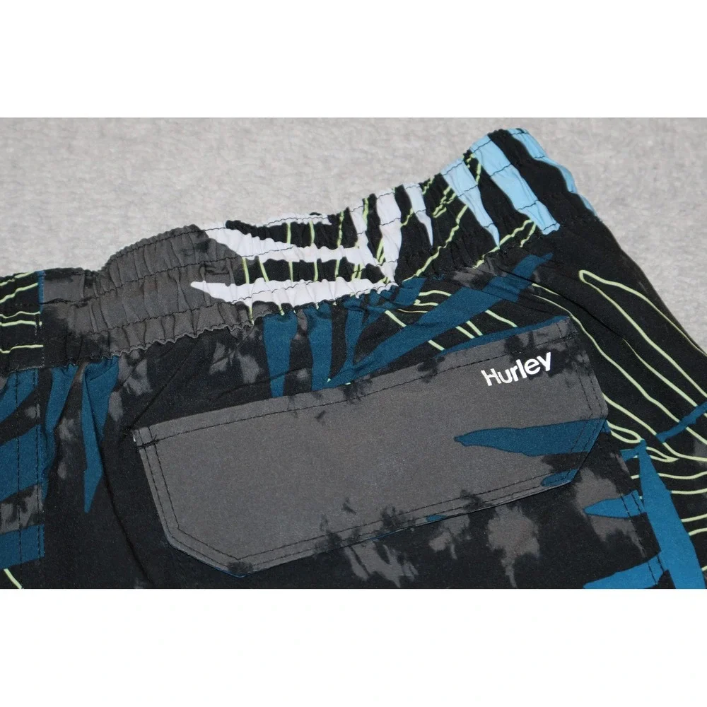 Hurley Swim Trunks Mens Medium Black Gray Blue Tie Dye Palm Leaf Board Shorts